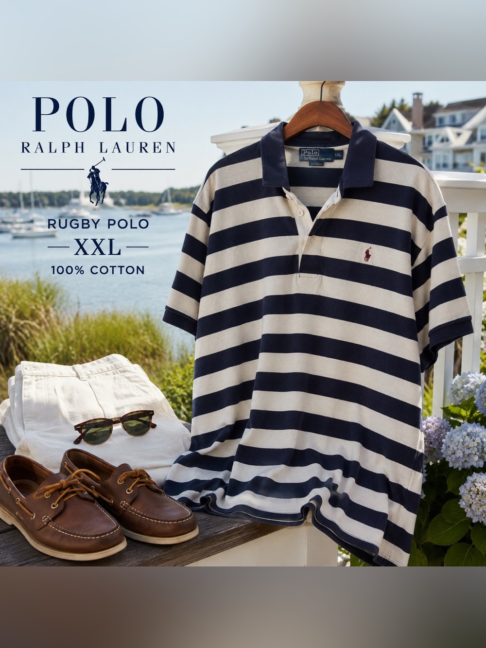 Vintage Polo Ralph Lauren Rugby Stripe Polo Shirt XXL Navy Cream Cotton Preppy